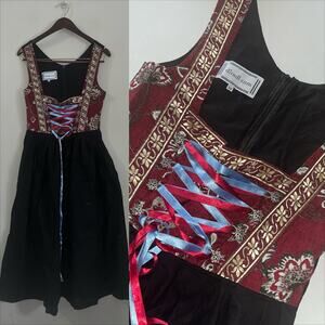 Drindl Oktoberfest Renaissance Festival Corset Maxi Black / Red Dress (0598)